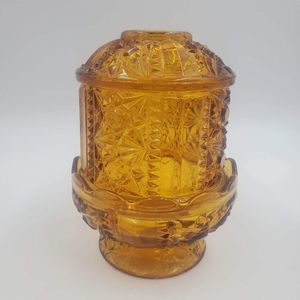 Large Vintage Indiana Glass Fairy Lamp Golden Amber Stars and Bars 1970's 6.25"